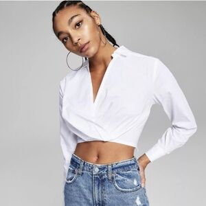 And Now This Women's Long Sleeve Faux-Wrap Poplin Shirt Bright White Size S